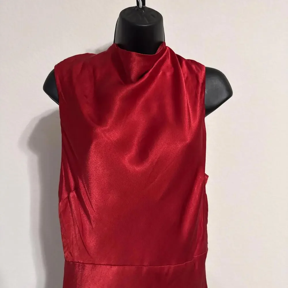 $340 Shona Joy High Neck Red Satin Tatum Cowl Drape Open Back Maxi Dress- US 12 - Picture 3 of 12